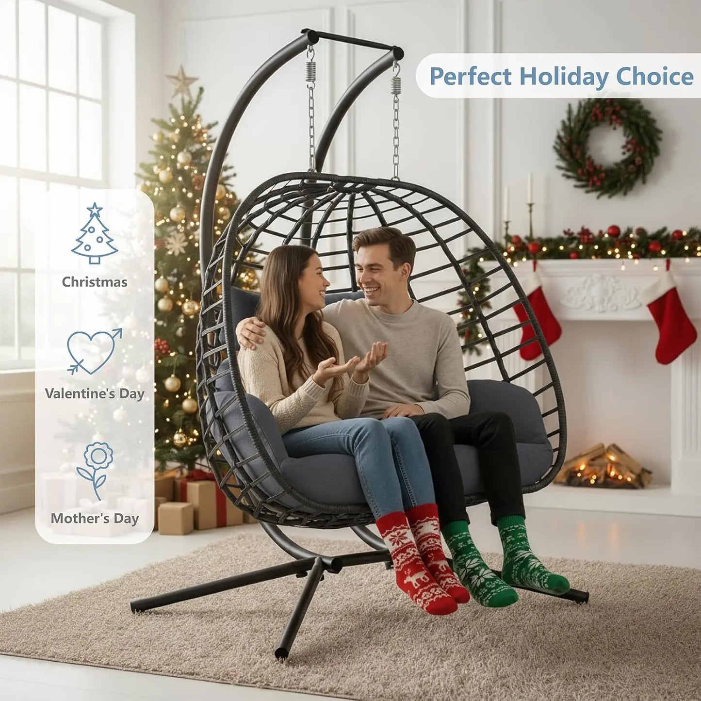 Double Egg Swing Chair With Stand Cushioned Outdoor Patio 2 Person Hammock