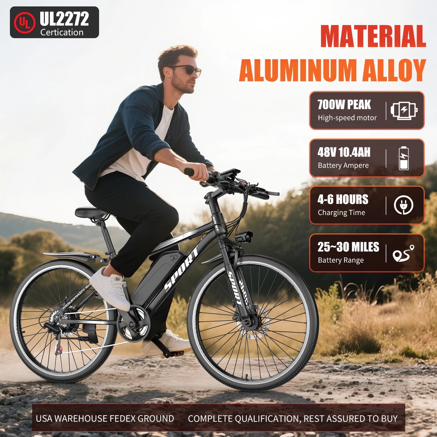 26''Electric Bike,Motorcycle 700W Peak Motor,20MPH 35Miles Electric Mountain Bike, 480Wh Removable Battery, 7-Speed& LCD Display