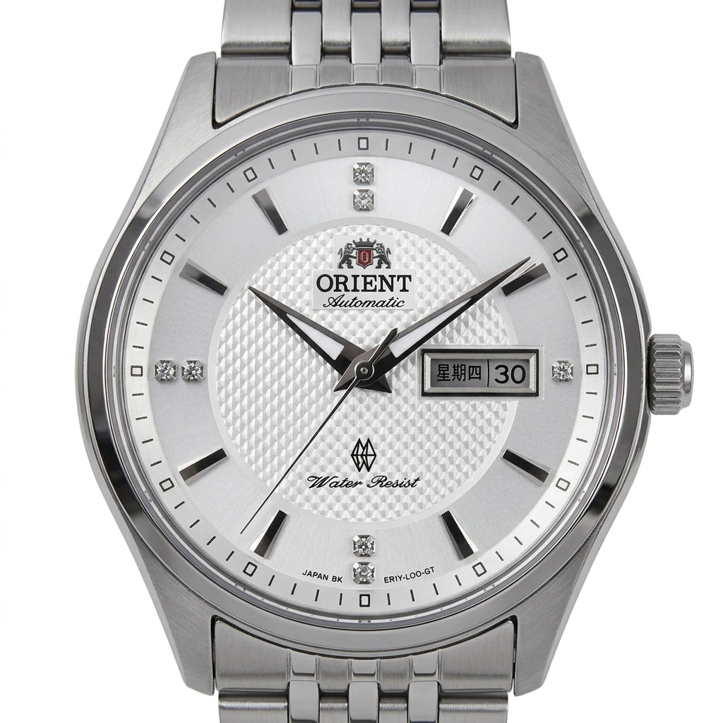 Orient Men's Business Automatic Mechanical Watch Dual Calendar Week Display Crystal Hour Markers Stainless Steel Band Wristwatch
