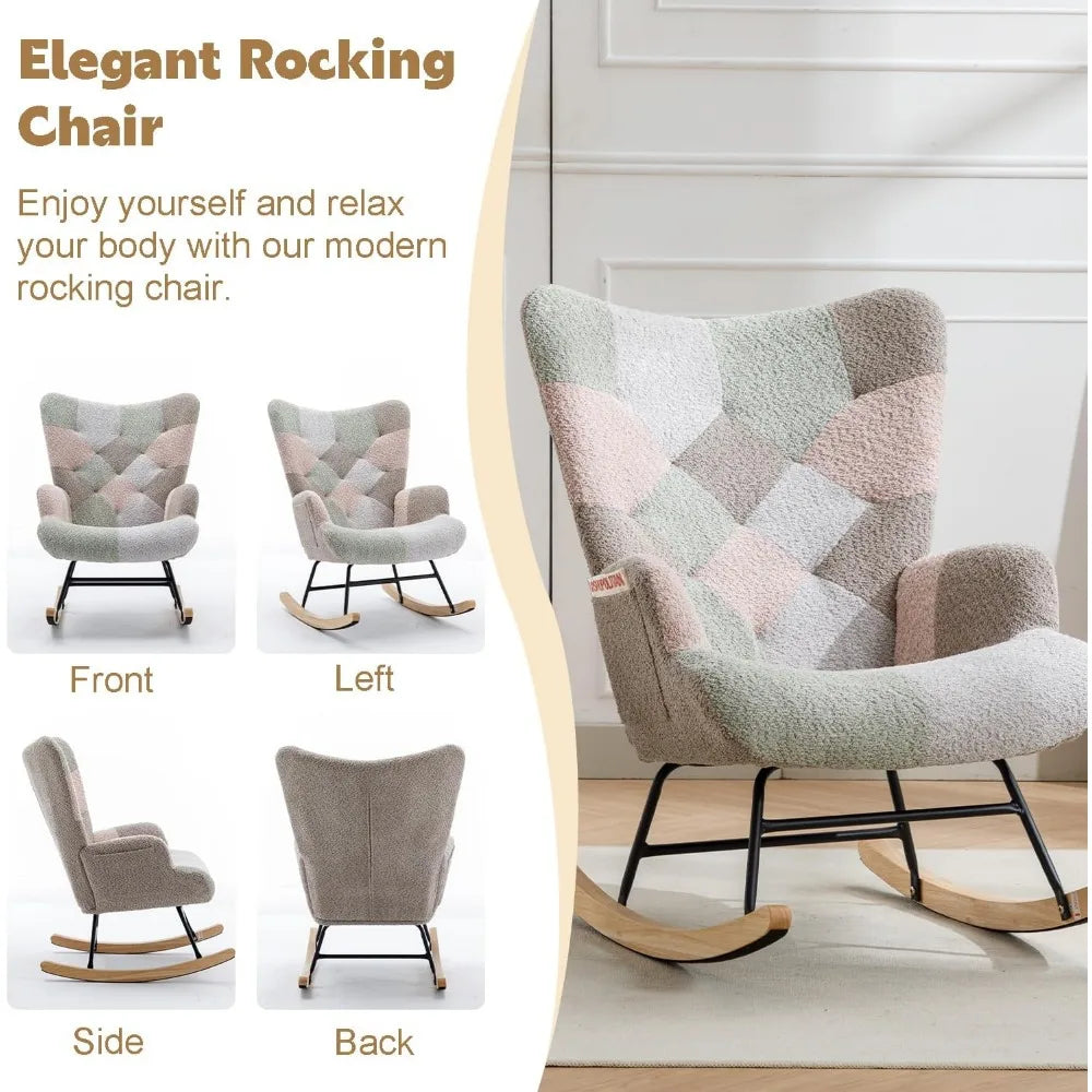 Nursery Rocking Chair Teddy Upholstered Glider Rocker Accent Chair with High Backrest Comfy Side Chair