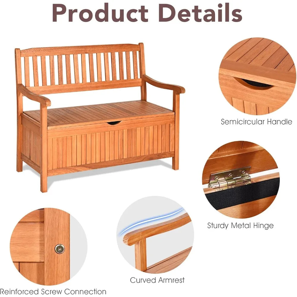 Safstar Outdoor Patio Bench With Storage Box Eucalyptus Wood Frame Natural Finish