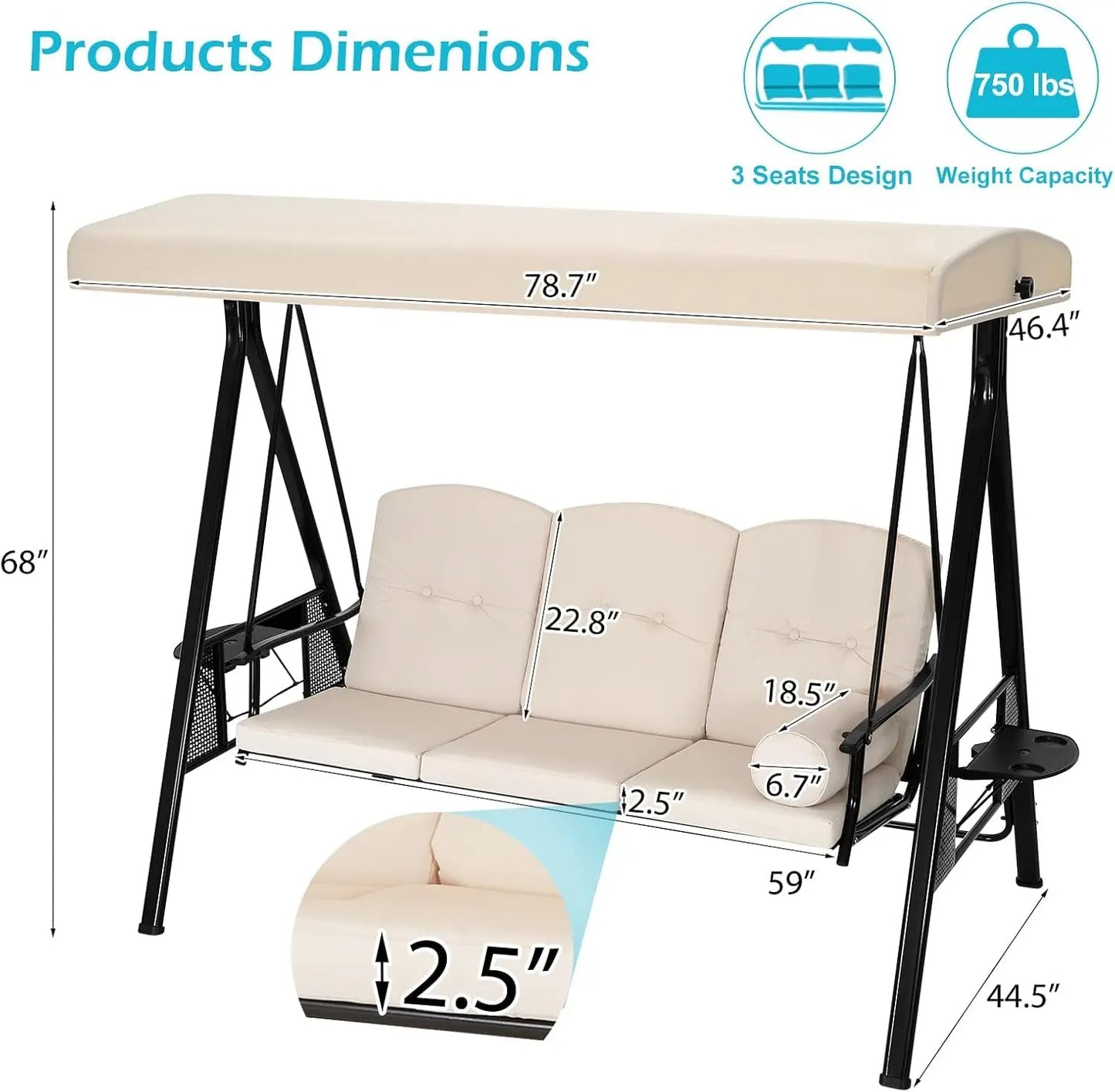 3 Seat Outdoor Porch Swing With Adjustable Canopy Beige Customizable Removable