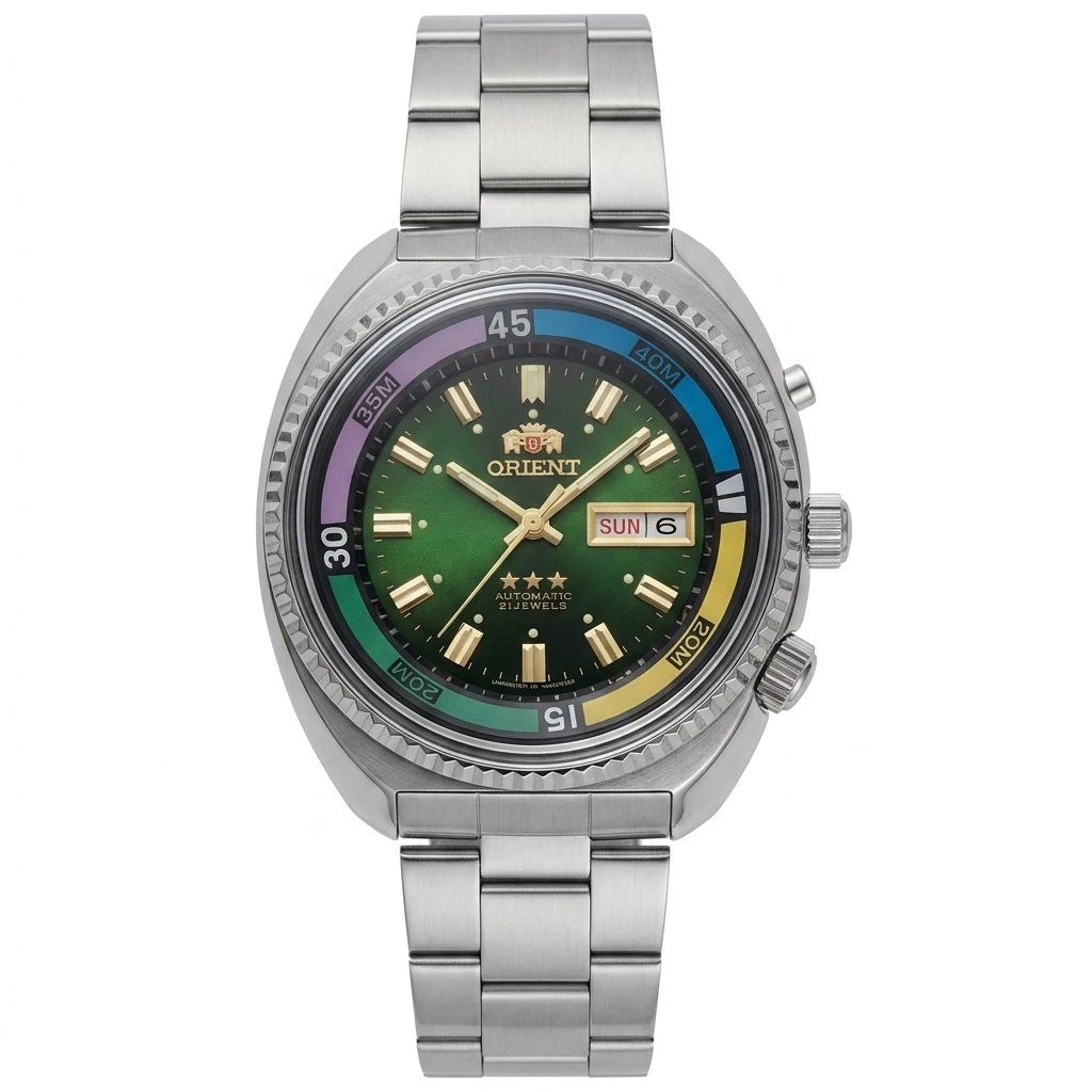 ORIENT Retro World Timer Automatic Watch 21 Jewels Day Date Luminous Stainless Steel Men Mechanical Wristwatch