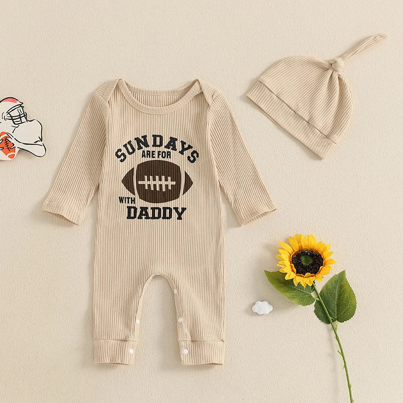 Baby Boy Ribbed Romper Rugby Letter Print Jumpsuit Hat