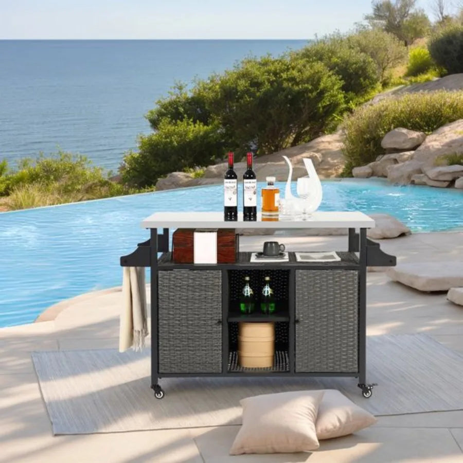Large Bar Cart Outdoor Kitchen Wicker Island Rolling Cart Storage Cabinet with Wheels and Stainless Steel Extended Table Top
