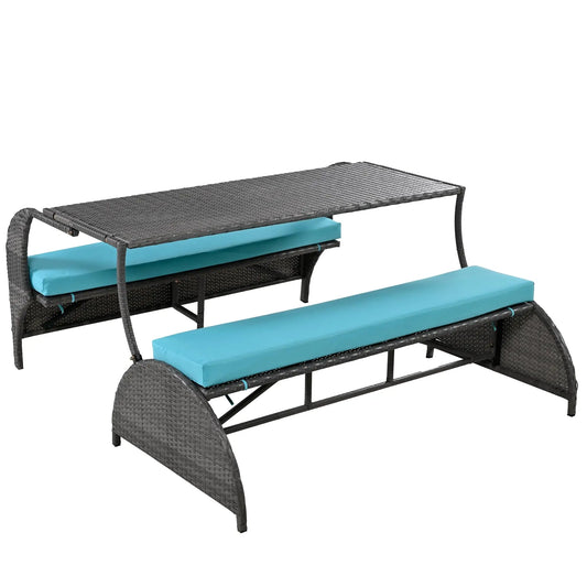 Outdoor Rattan Loveseat Convertible Bench Set Converts To 4 Seats And Table