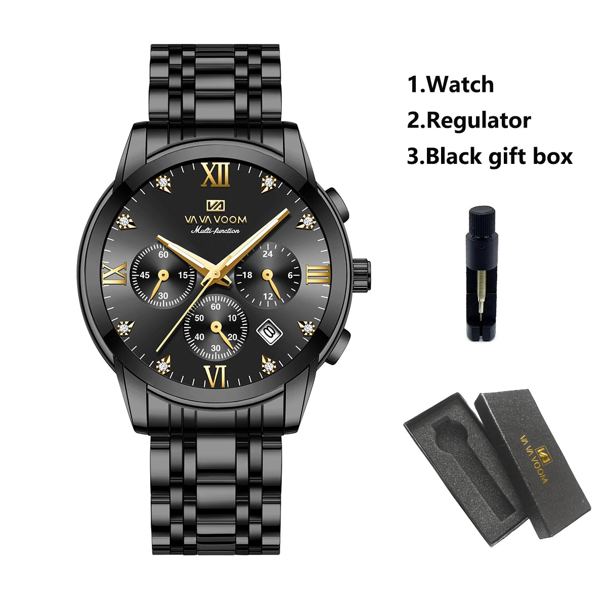 Va Va Voom Men's Multifunctional Watch Fashionable Stainless Steel Strap Blue Gold Rhinestone Casual Sports Timepiece