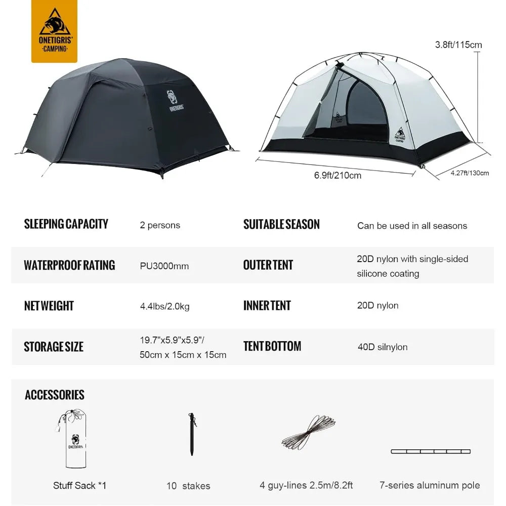 OneTigris Stella 4 Season Camping Tent Backpacking Two Person Waterproof Lightweight Easy Setup 3000mm Waterproof Rating