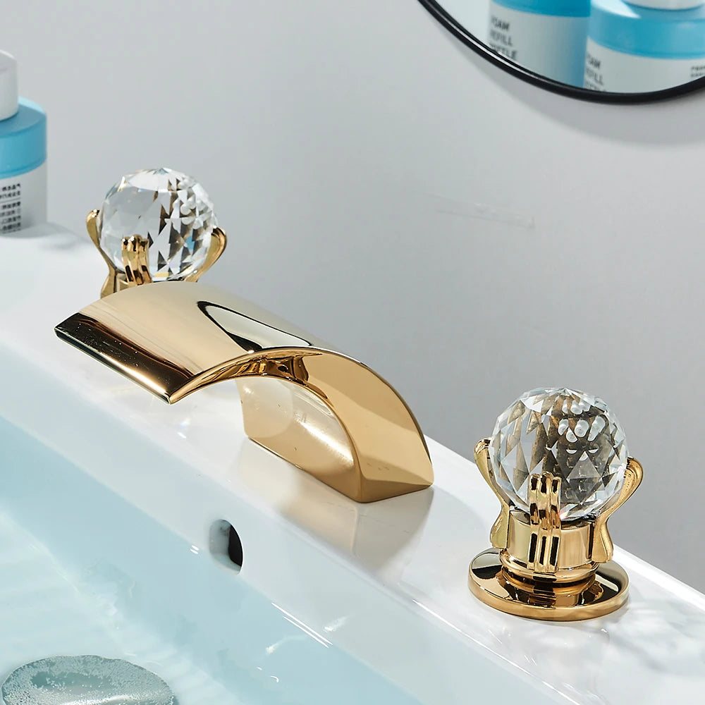 LED Widespread Bathroom Faucet Waterfall Gold Polished 3 Holes Deck Mounted