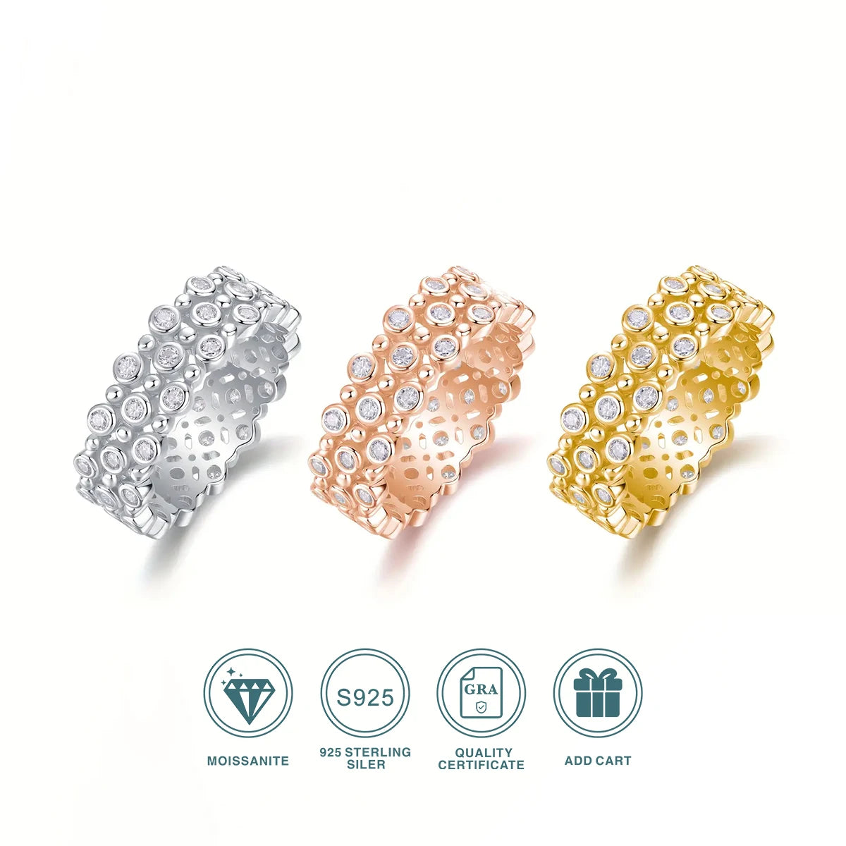 Moissanite Ring 925 Sterling Silver 18K Gold Plated Bubble Bezel Double Row Design Elegant Gift with GRA Certificate