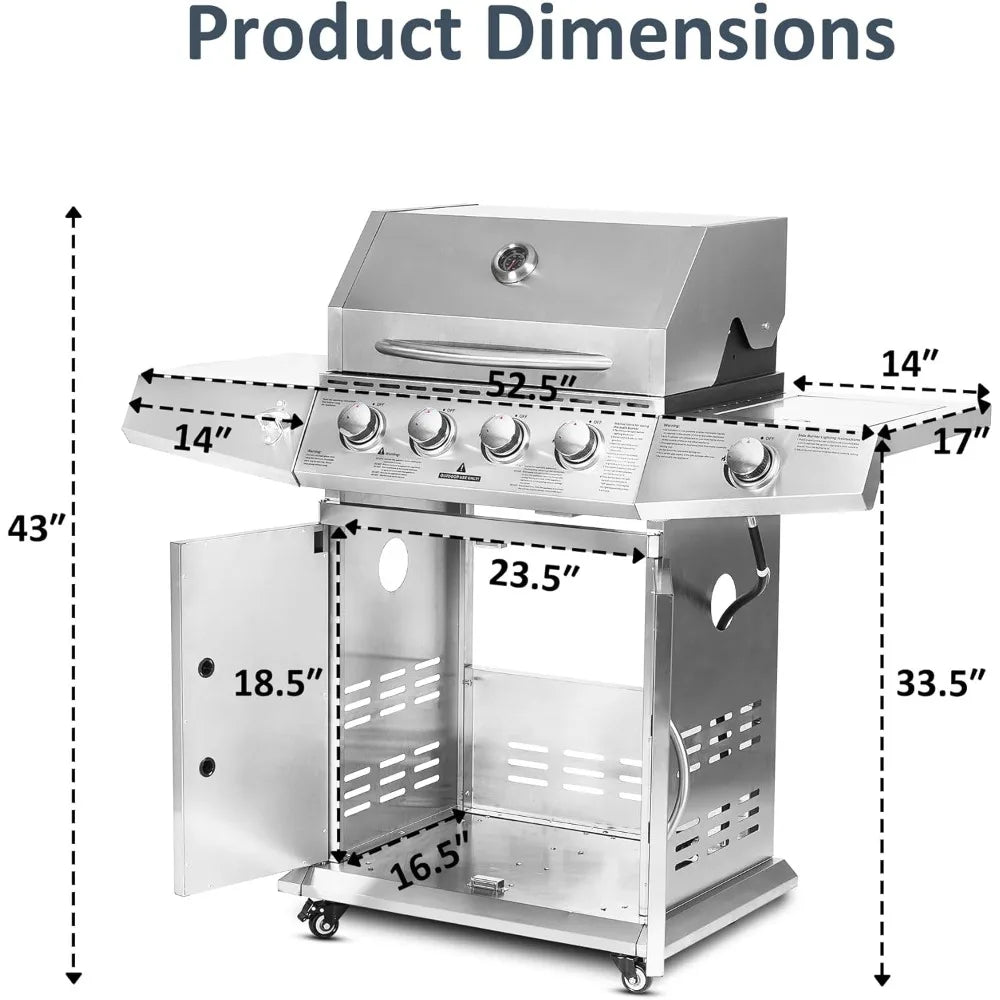 propane gas grill 4 burners with side burner, stainless steel grill cart with wheels for outdoor patio garden backyard cooking