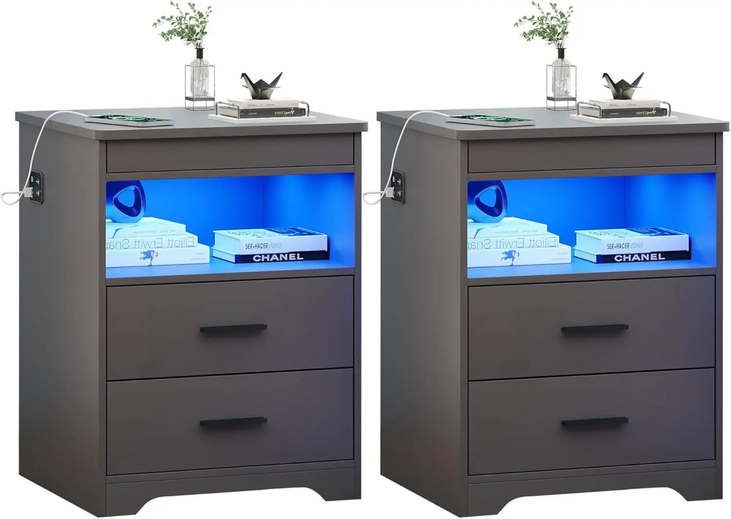 Night Stand Set of 2 Charging Bedside Table with USB and Type-C Port LED Night Stand with Human Sensor Light and Gun Drawers