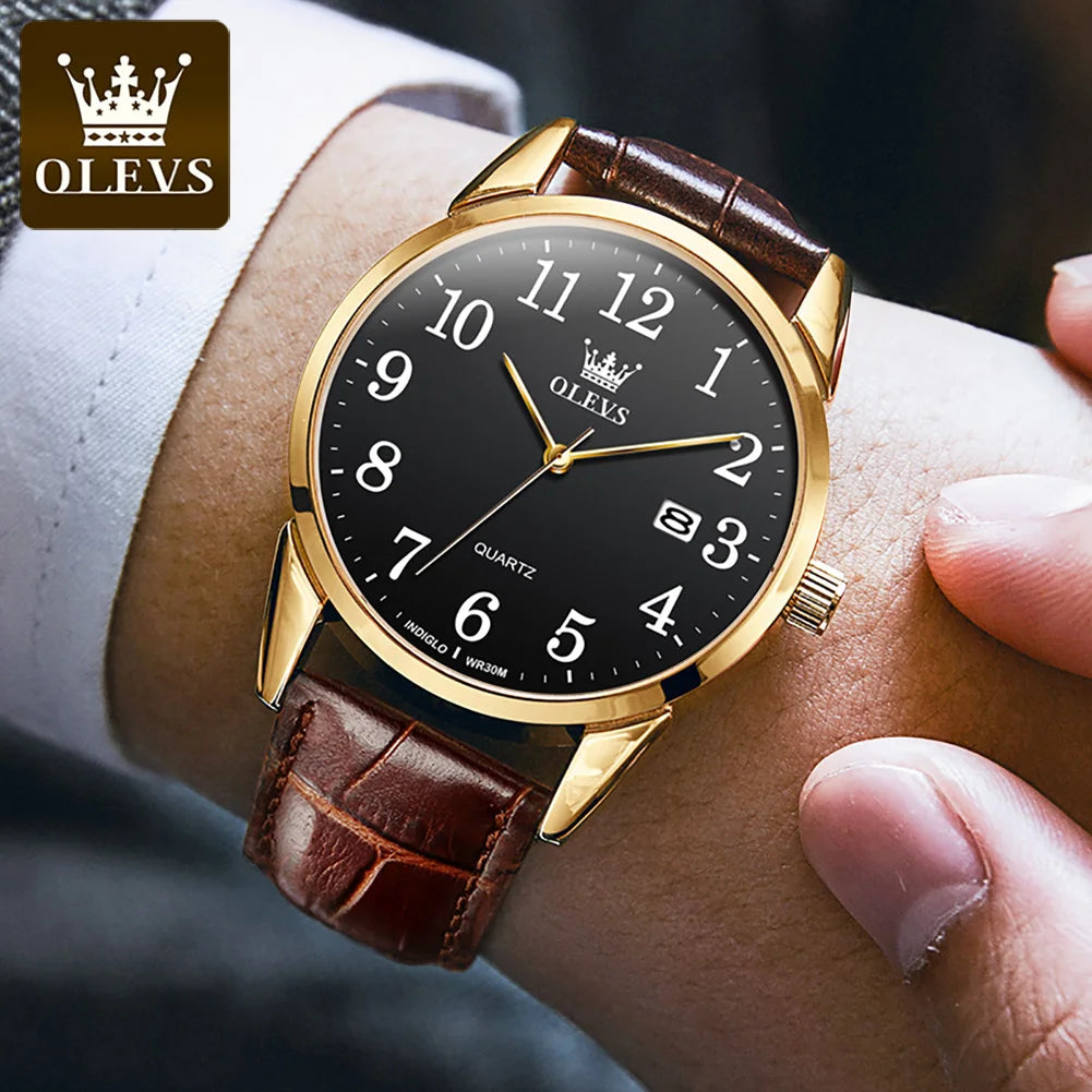 OLEVS Fashion Quartz Watch for Men and Women Leather Strap Waterproof Original Arabic Numeral Scale Perfect Gift for Elders