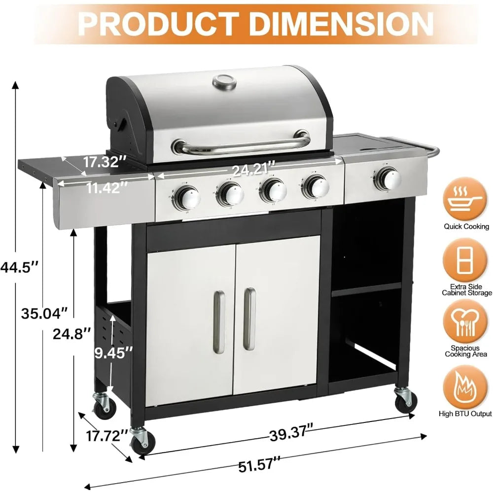 4-Burner Propane Gas Grill with Side Burner & Cabinet - 49,000 BTU Stainless Steel BBQ Grill, Porcelain-Enameled Cast Iron Grate