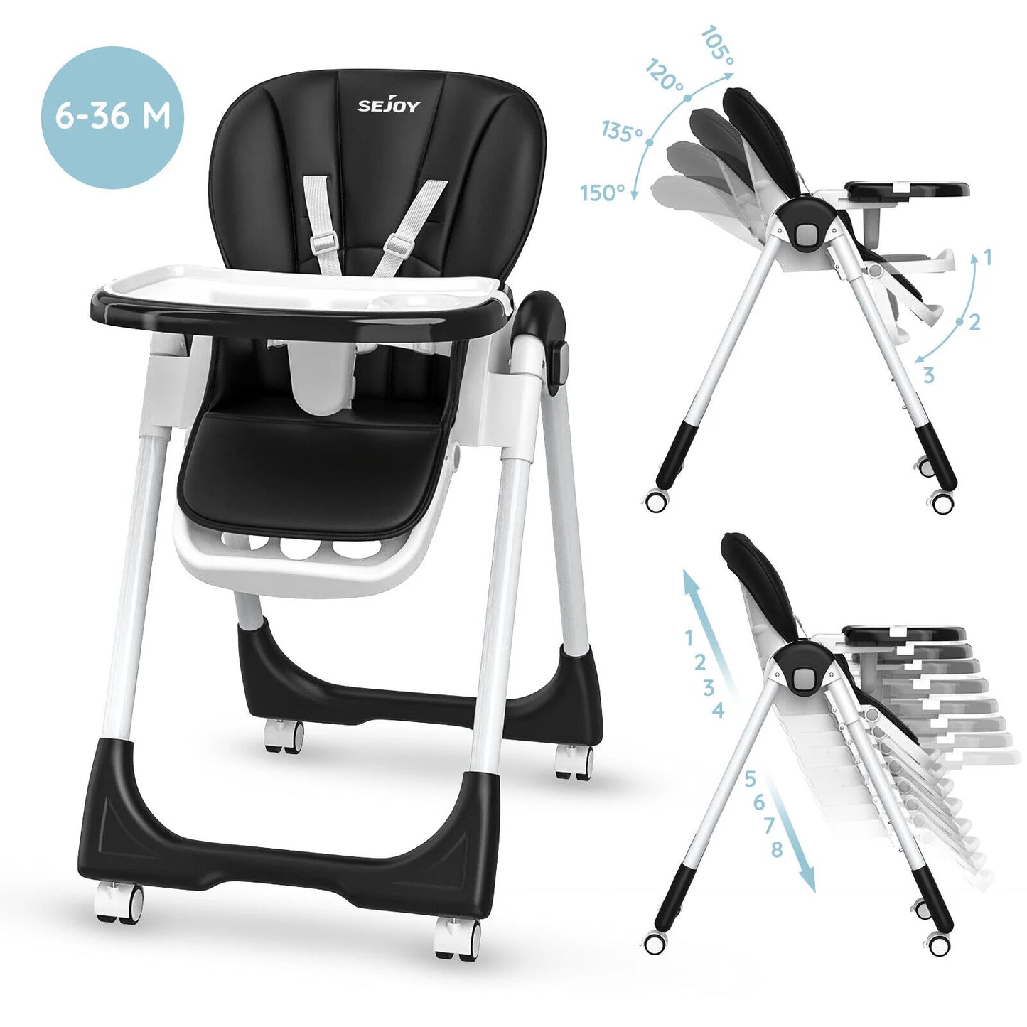 Sejoy Baby High Chair Infants Folding Convertible Removable Tray Adjustable Seat