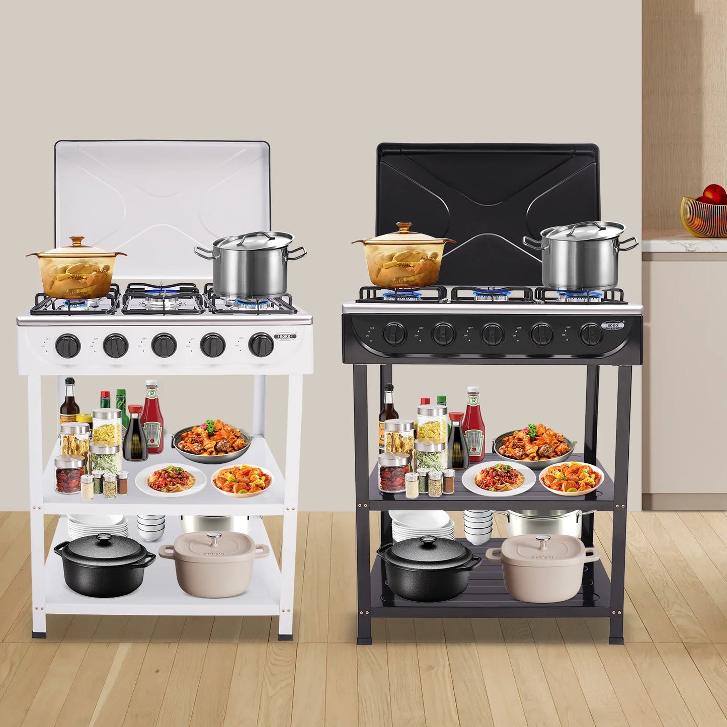 5 Burner Propane Gas Stove with Support Leg Stand and Wind Blocking Cover 2.5KW Independent Control Camping Stove