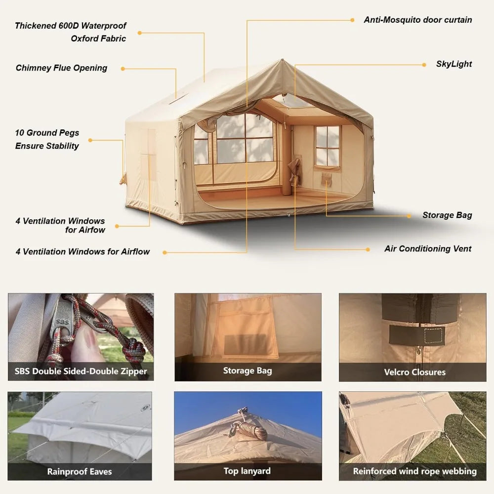 10 Foot x 8 Foot Blow Up Tents for Camping Inflatable Camping Tent for 6 to 8 People Four Season Tent with Stove Jack Waterproof