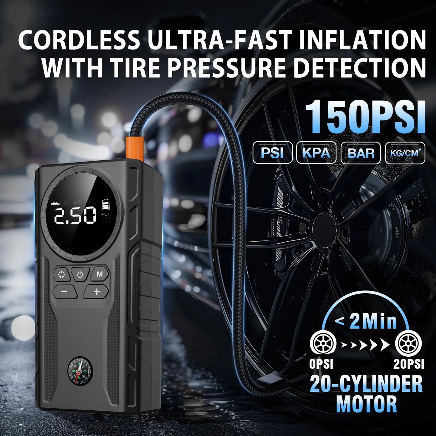 4000A Jump Starter Air Compressor 150PSI Portable For 9L Gas