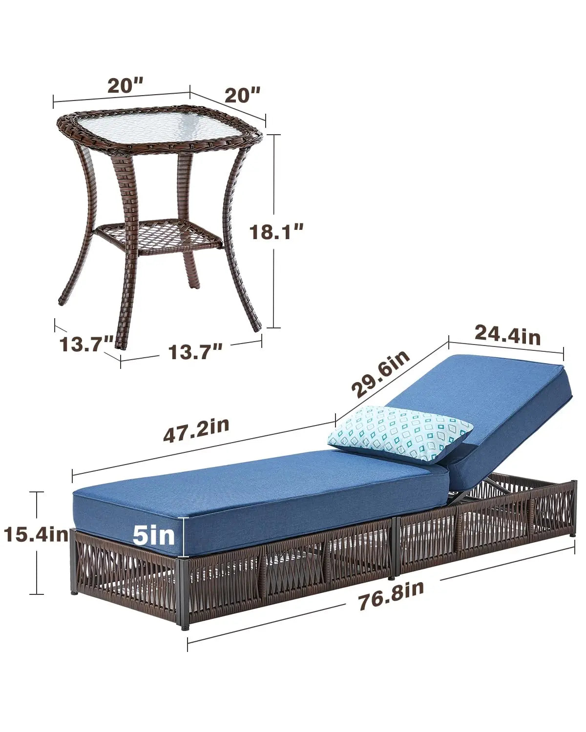 2 Piece Outdoor High Back Chaise Lounge Side Table Set Brown Wicker Cushions