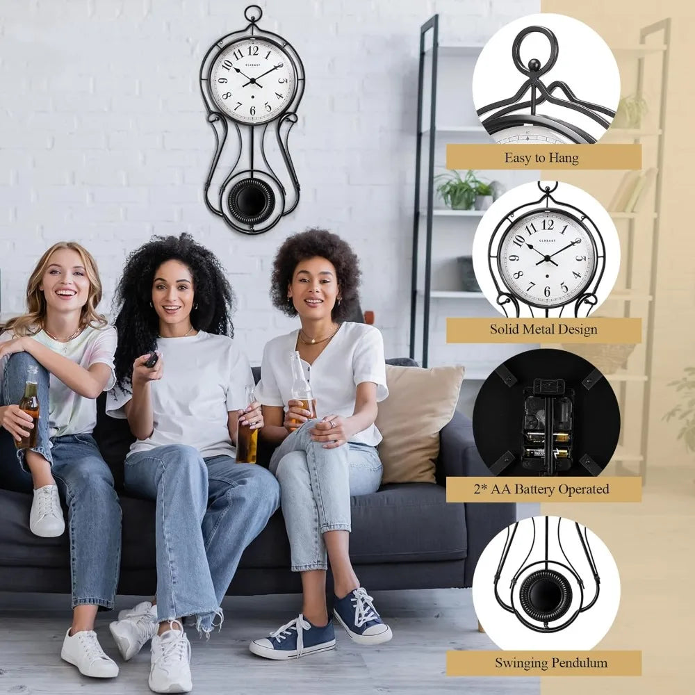 20 Inch Black Metal Pendulum Wall Clock Large Schoolhouse Regulator Circular Wall Clock