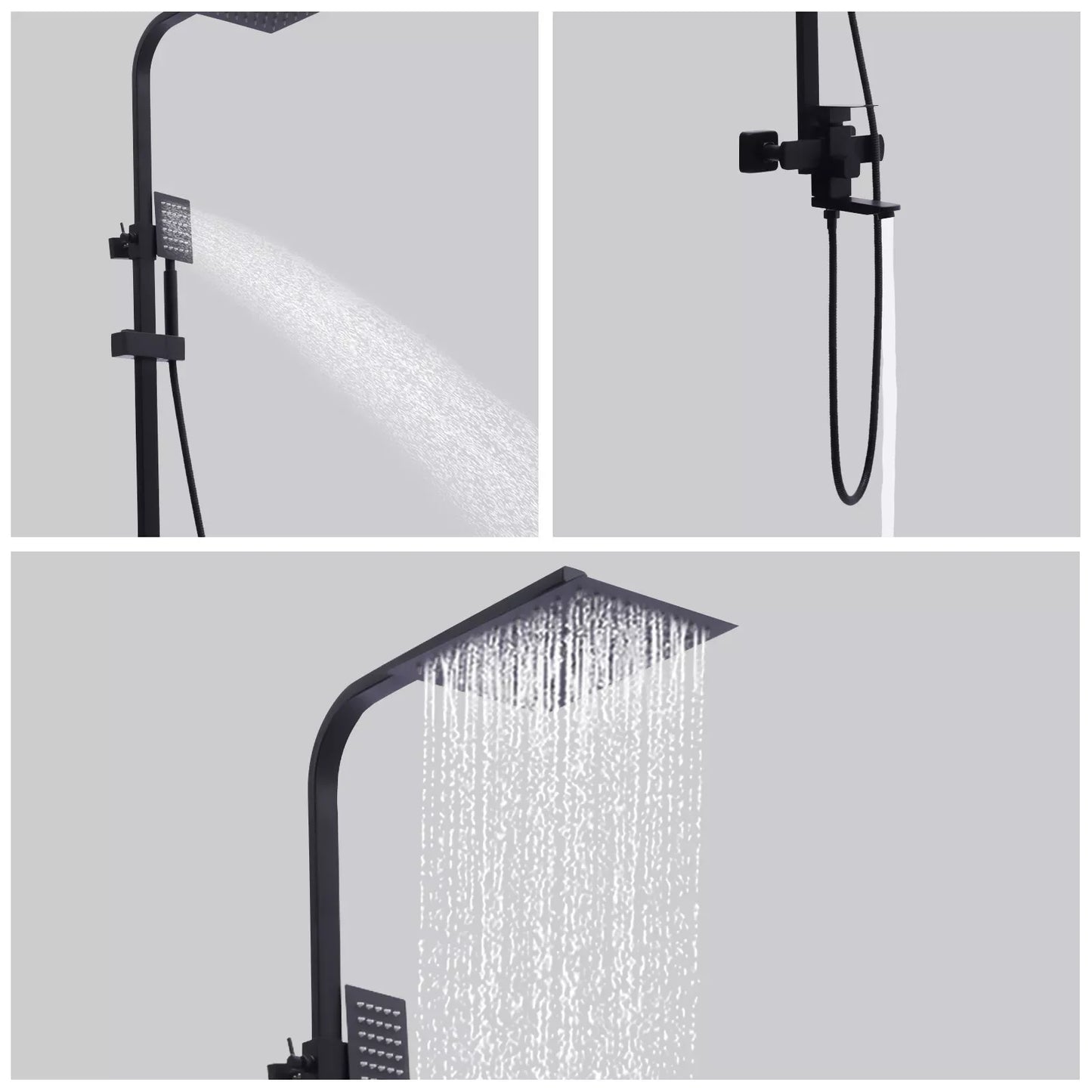 Shower Faucet Set Rainfall Shower Head Handle Combo Kit Wall Mount Black Stainless Steel Waterfall Jets