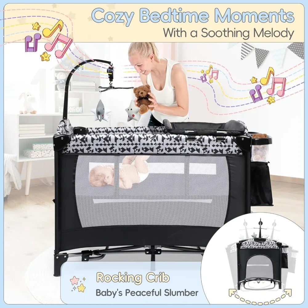 5 In 1 Pack And Play Baby Bassinet Bedside Sleeper With Diaper Changer Storage Bag And Music Box Portable Baby Crib