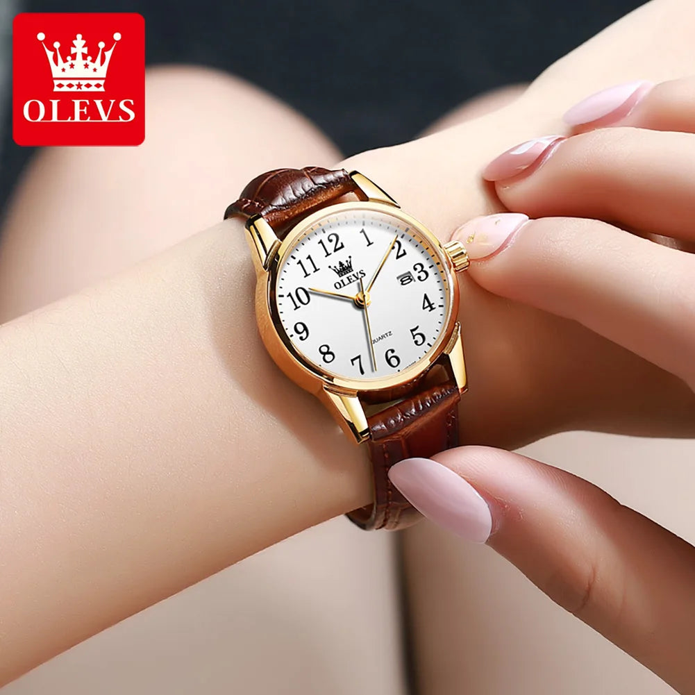 OLEVS Fashion Quartz Watch for Men and Women Leather Strap Waterproof Original Arabic Numeral Scale Perfect Gift for Elders