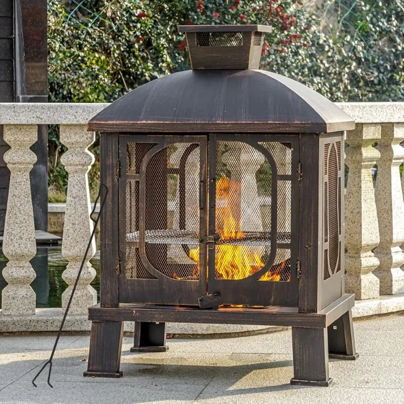 Square Chimineas Fireplace with Mesh Screen Metal Fire Pit with Grill Wood Burning Fire Pits for Outside