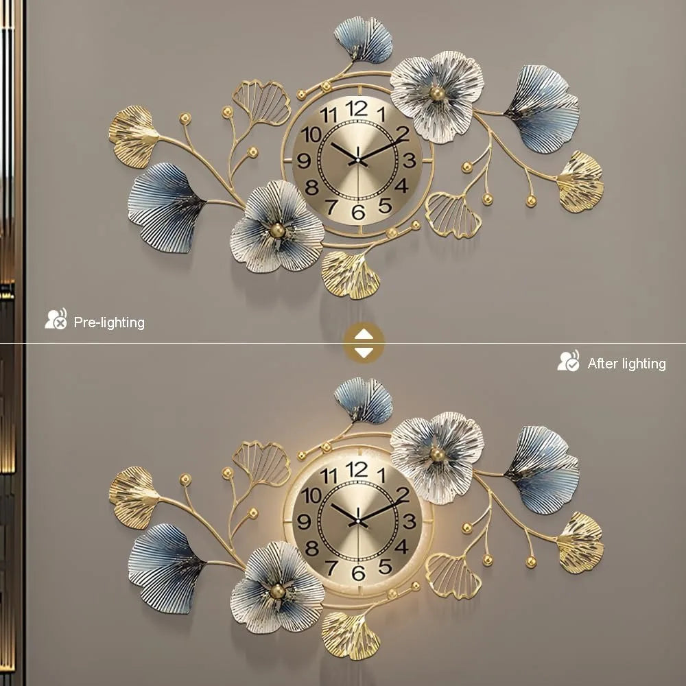Large Metal Wall Clock with LED Light Silent Creative Decorative 3D Ginkgo 33.6 x 20 Inch