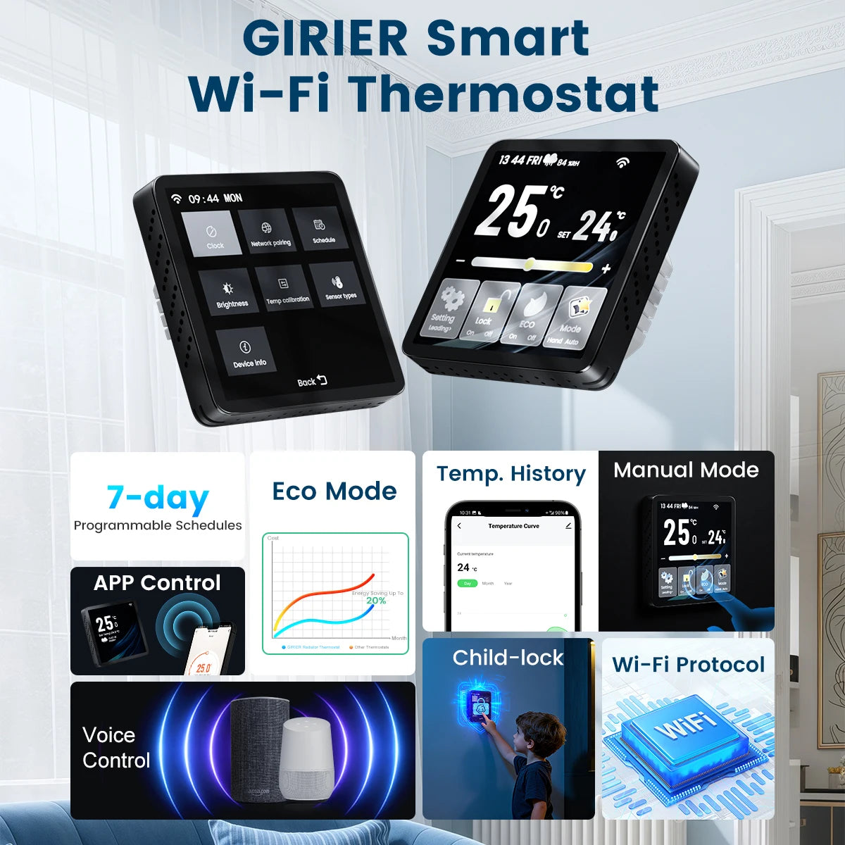 GIRIER Tuya WiFi Thermostat TFT Screen For Water And Gas Boilers With Alexa