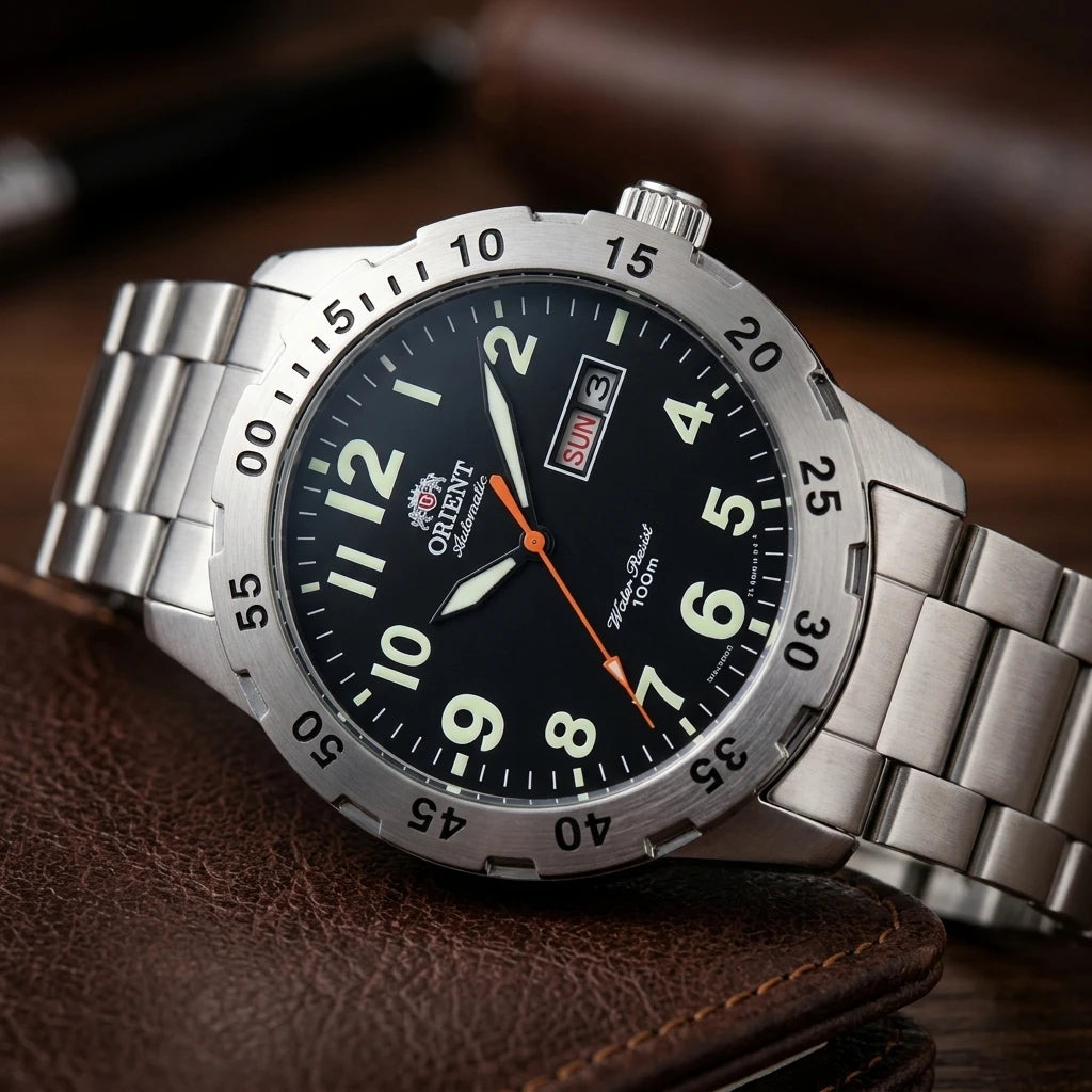 Orient Japanese Automatic Wristwatch for Men, 100M Water Resistant Dual Day Date Luminous Stainless Steel Sports Watch