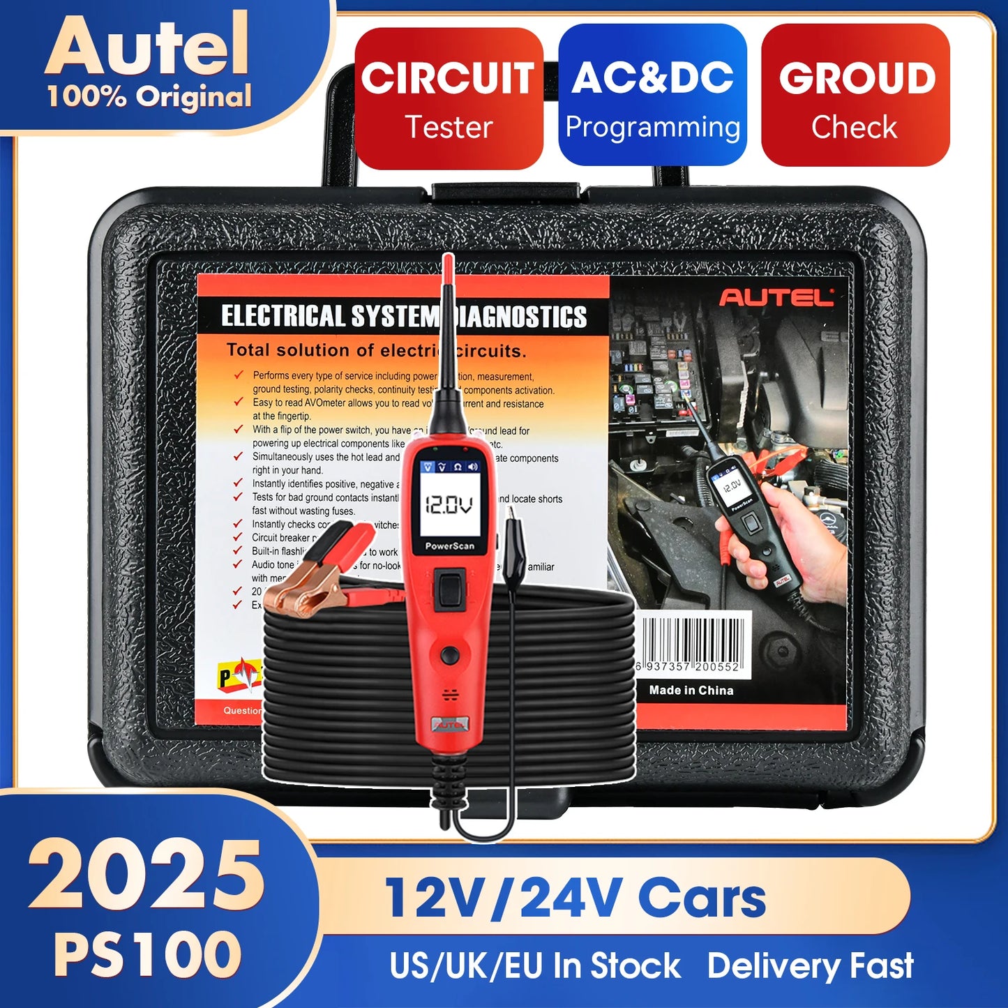 Autel PowerScan PS100 Auto Circuit Tester Diagnostic AVOmeter Test Tool Automotive OBD2 Scanner