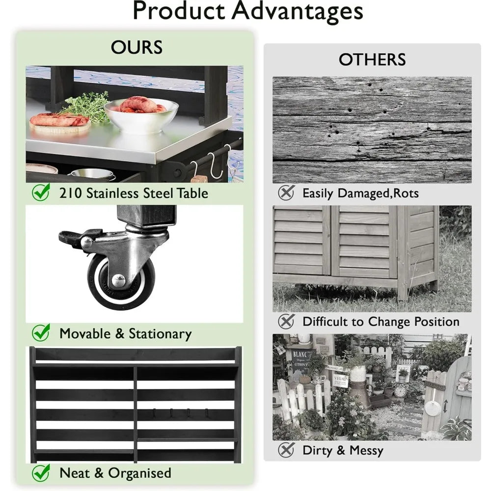 Outdoor Potting Bench With Lockable Wheels Stainless Steel Top And Towel Rack