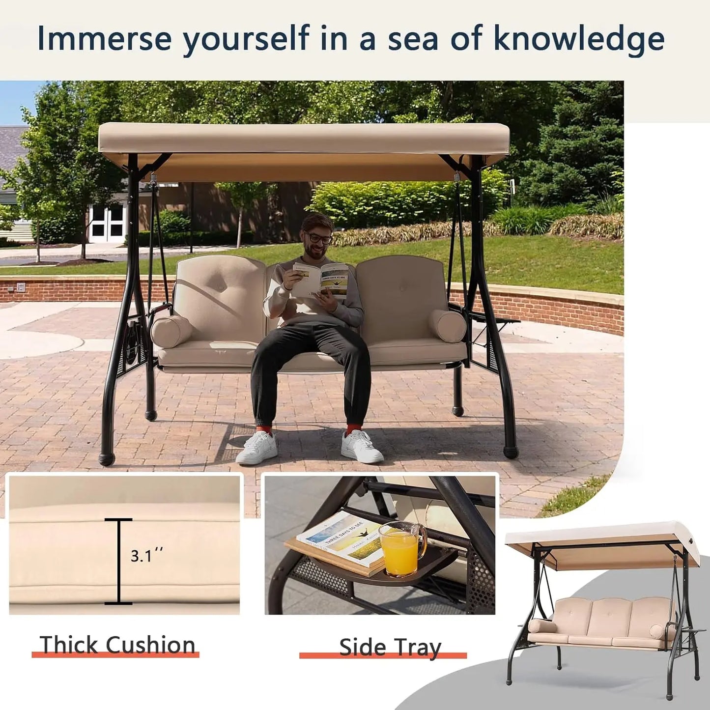 Three Seat Outdoor Porch Swing With Adjustable Canopy And Foldable Side Cushions