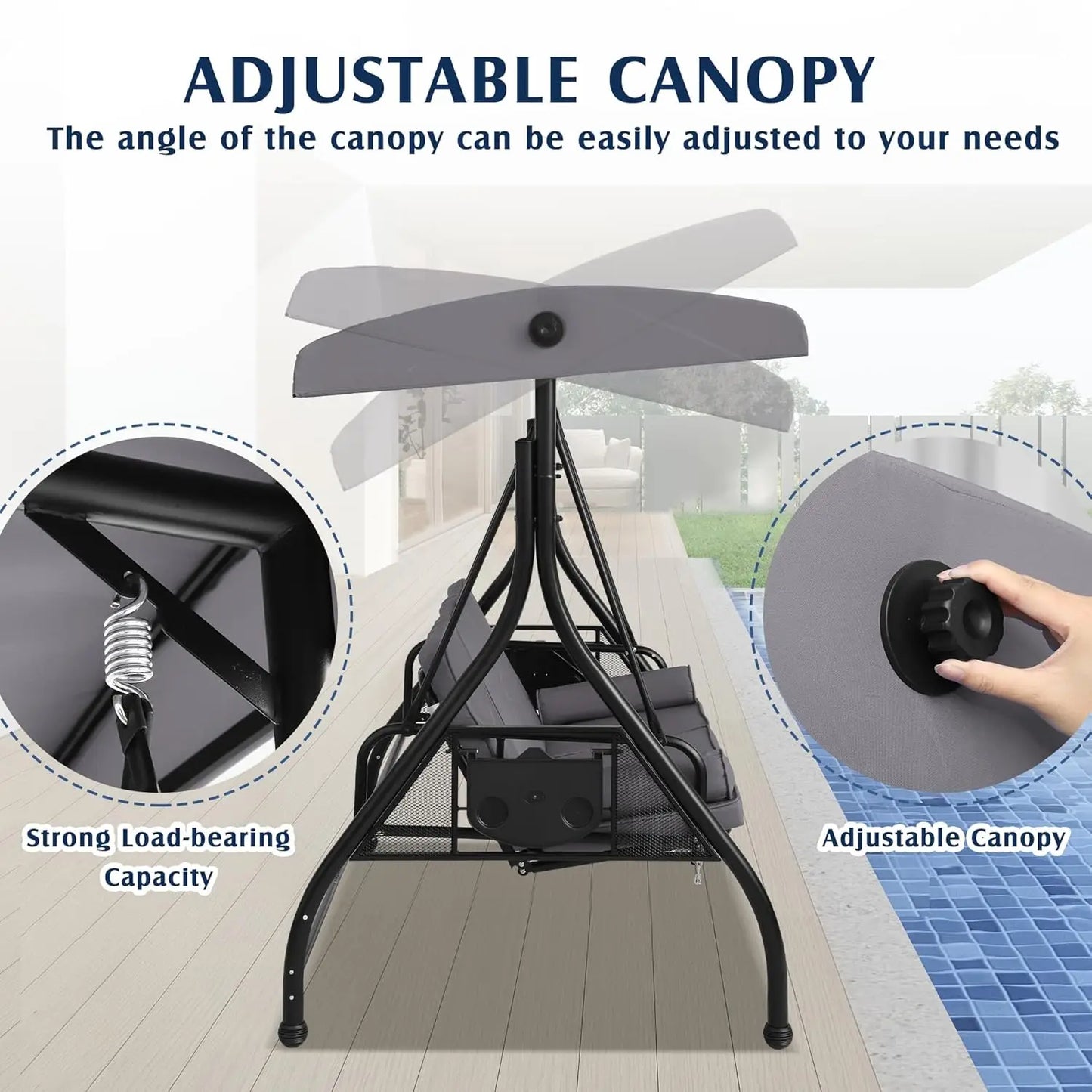 Outdoor Porch Swing With Canopy And Stand 3 Person Patio Convertible 2 In 1 Bed
