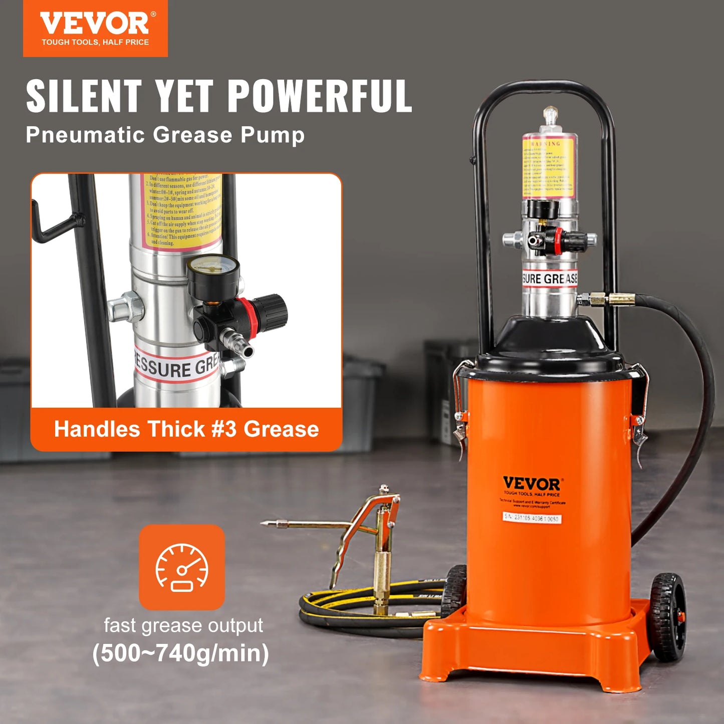 SucceBuy 3/5/10 Gallon Grease Pump Air Operated with Hose Pneumatic Grease Bucket Gun and Wheels for Cars 50:1 Pressure Ratio
