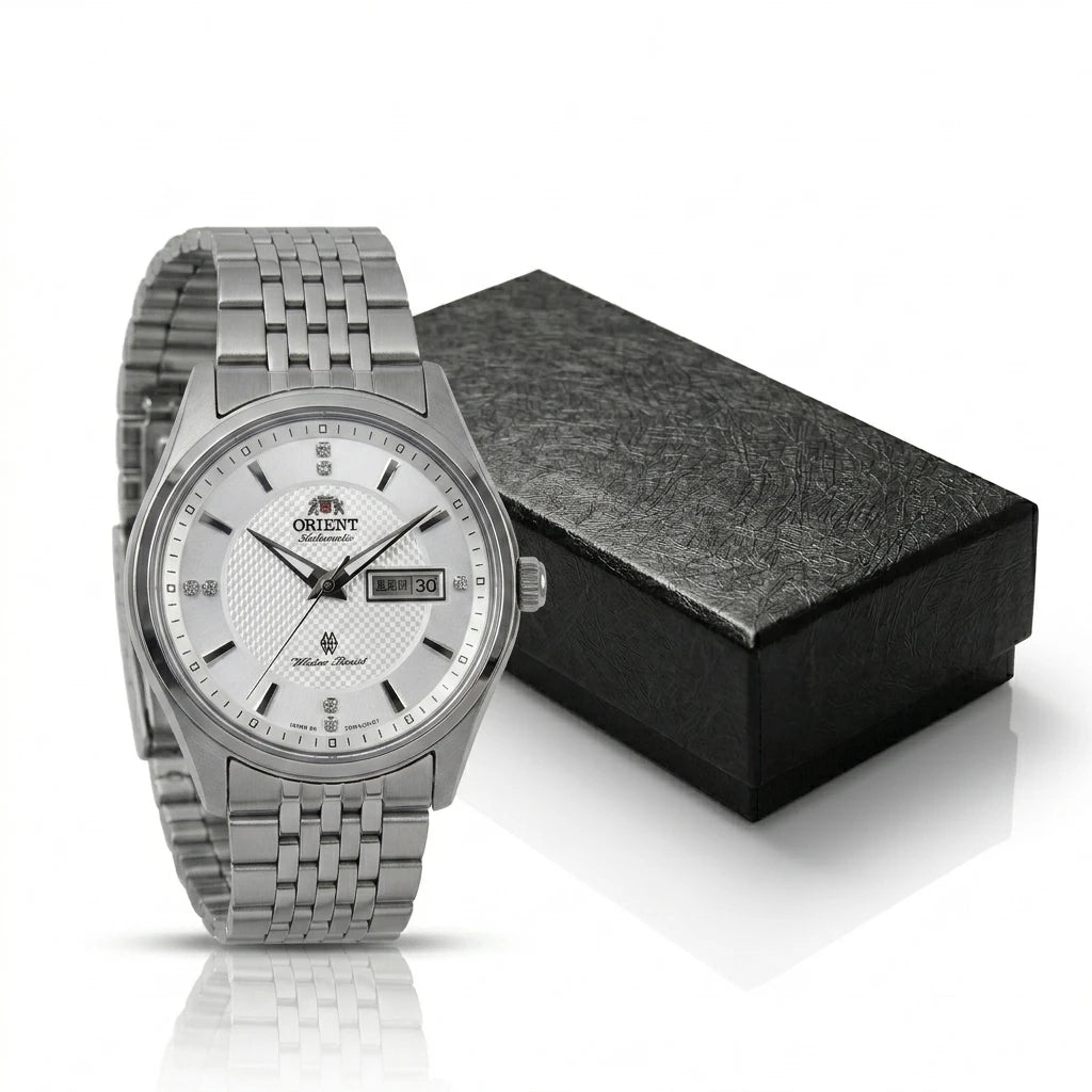 Orient Men's Business Automatic Mechanical Watch Dual Calendar Week Display Crystal Hour Markers Stainless Steel Band Wristwatch