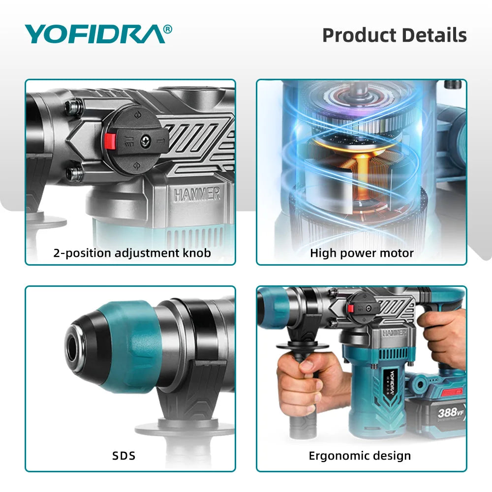 YOFIDRA 2200W Brushless Electric Hammer Impact Drill 6400IPM Multi-Screwdriver Rotary Drilling Power Tool For Makita Battery Pin
