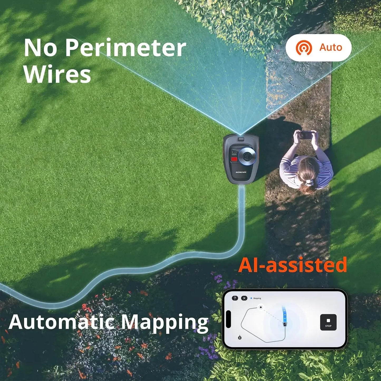 i110N Robot Lawn Mower Perimeter Wire Free 1/4 Acre RTK Vision Robotic Lawnmower AI Assisted Mapping Virtual Boundary App Control Quiet Multi Zone Management