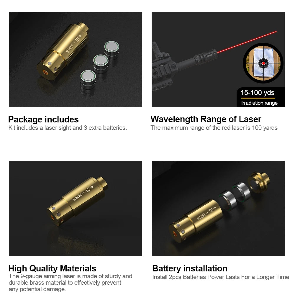 9MM Optics Cartridge Red Dot Laser Bore Brass Boresighter for Pistol Rifle Scope Hunting Accessories