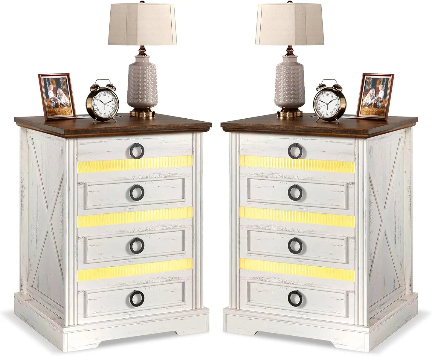 Farmhouse Night Stand with Gun Drawer Bedside Table with Charger Station LED Nightstand with Human Sensor Light Smart End Tab