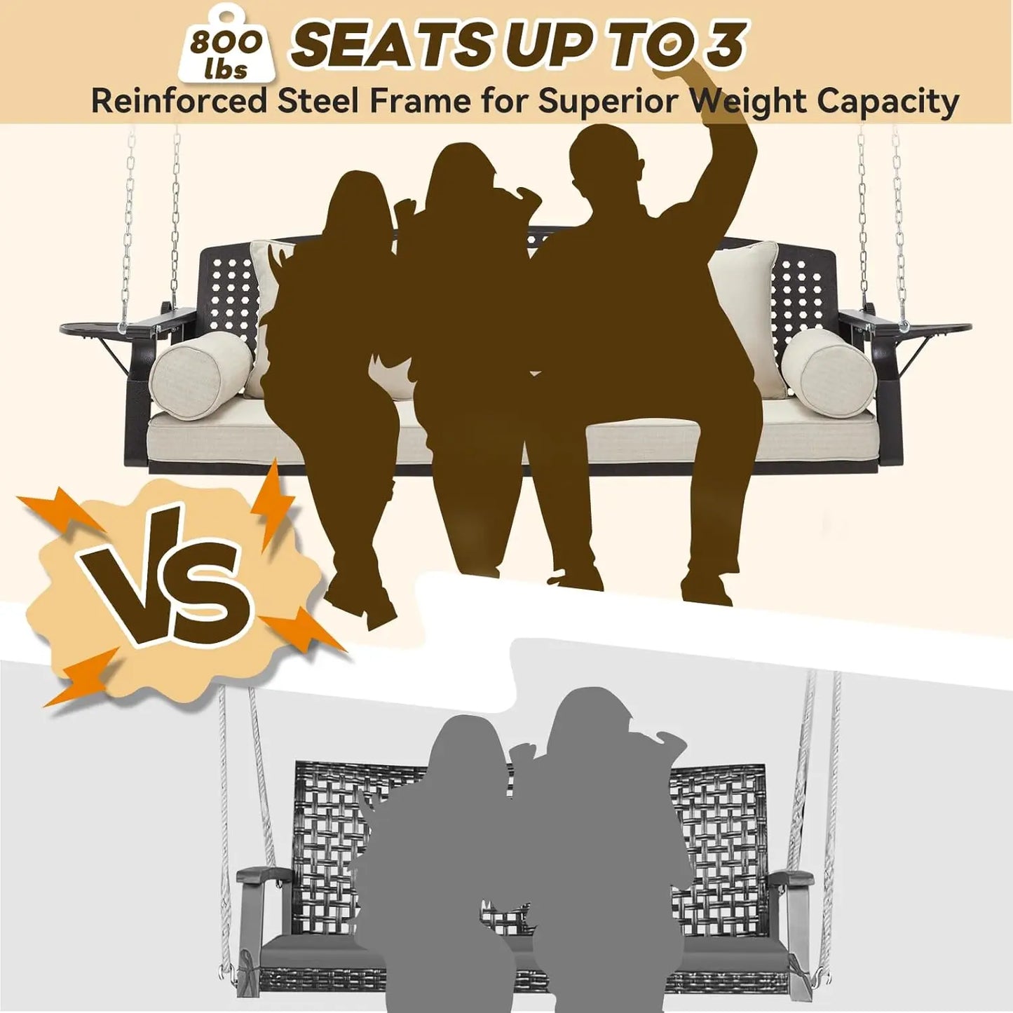 3 Seat Porch Swing With Cup Holders And Back Cushions For Deck Garden