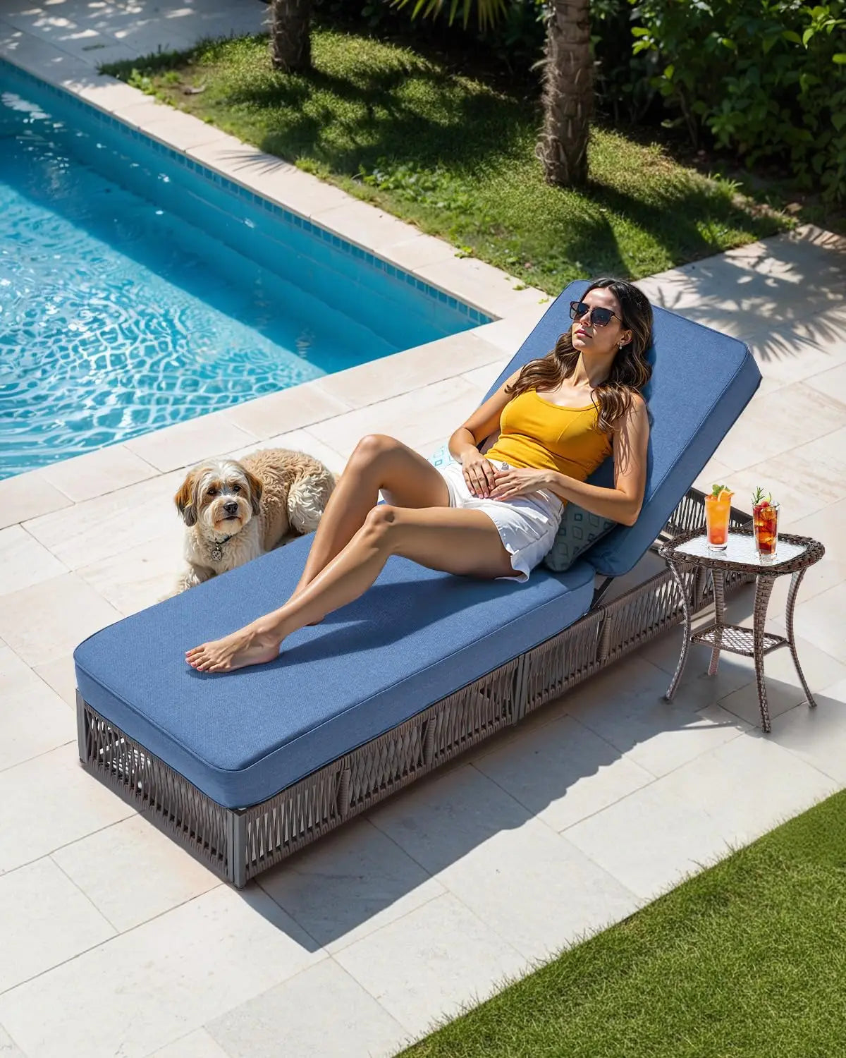 2 Piece Outdoor High Back Chaise Lounge Side Table Set Brown Wicker Cushions