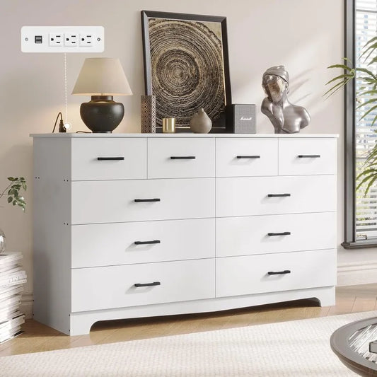 White Dresser for Bedroom with 10 Drawers Large Chest of Drawers Storage Organizer Long Dresser TV Stand with Power Outlets Wide Dressers for Bedroom Living Room 55.1 Inches W x 32.3 Inches H