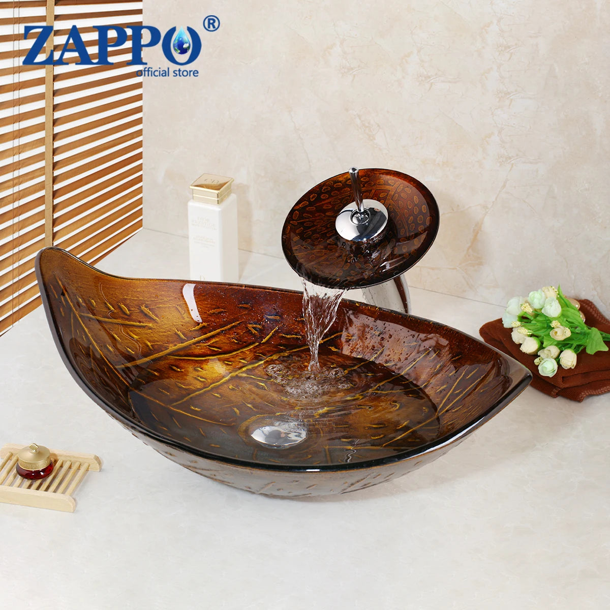 ZAPPO Brown Leaf Tempered Glass Vessel Sink With Faucet Mixer Tap