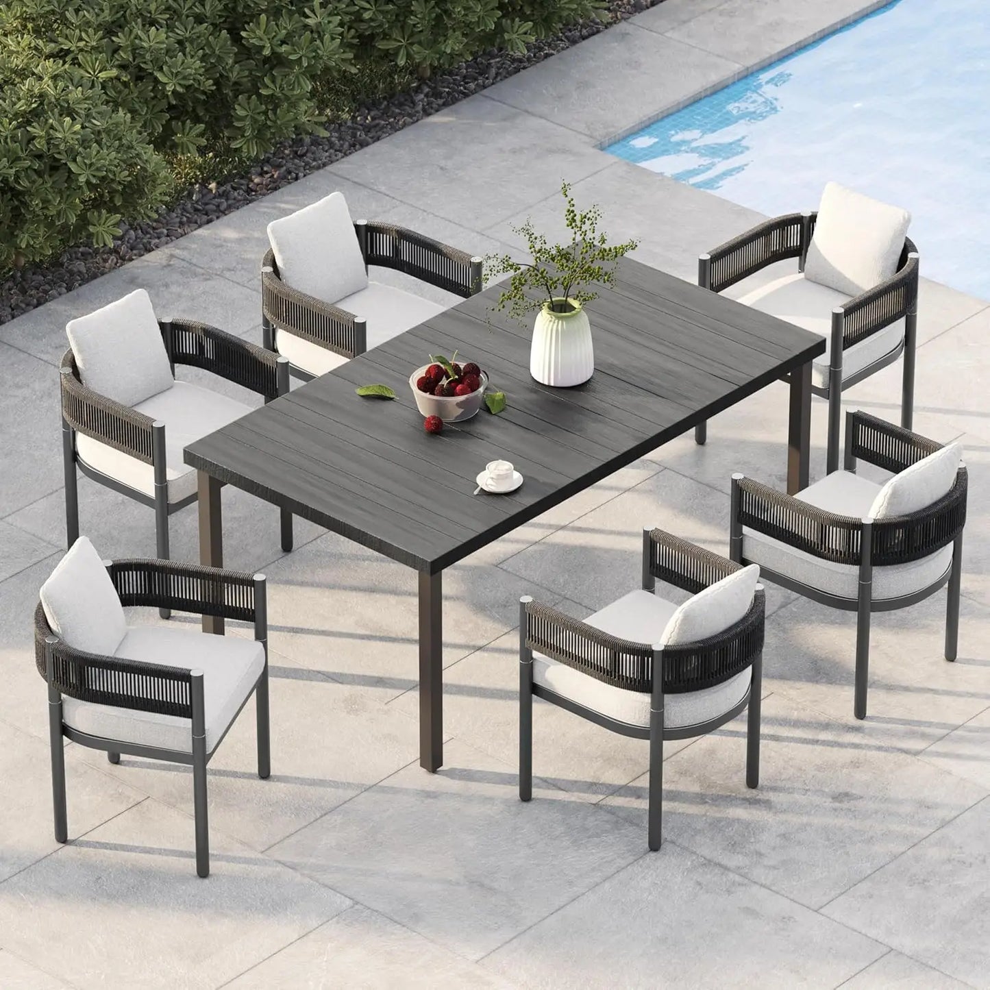Outdoor Dining Set for 6 7 Piece Patio Table and Chairs Set Metal Woven Wicker Fixed Chairs with Thickened Cushions