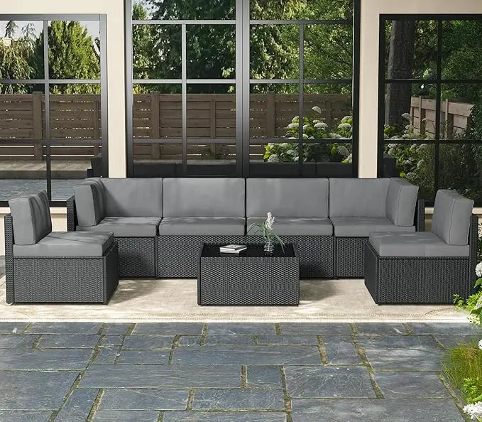 7 Piece Outdoor Patio Furniture Set Sectional Conversation Sofa with Coffee Table L Shape Design for Garden and Deck