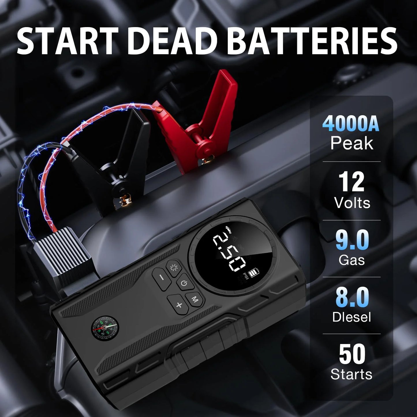 4000A Jump Starter Air Compressor 150PSI Portable For 9L Gas