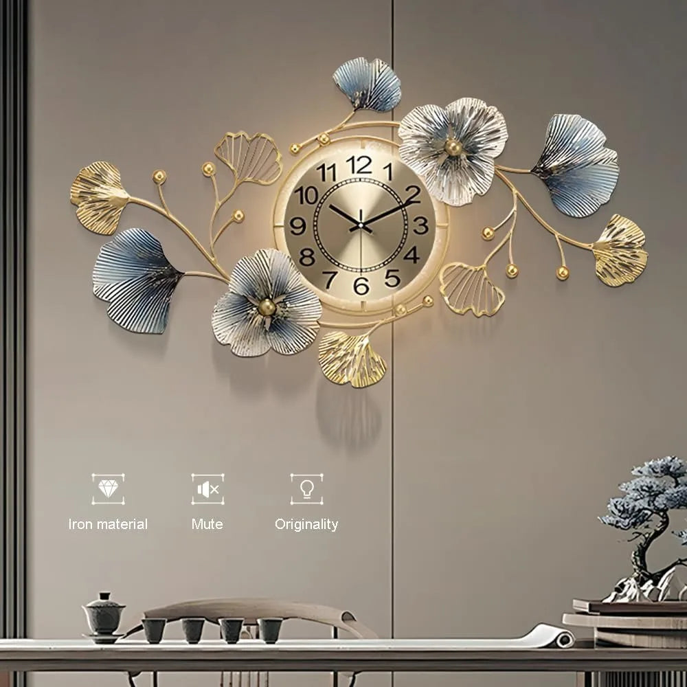 Large Metal Wall Clock with LED Light Silent Creative Decorative 3D Ginkgo 33.6 x 20 Inch