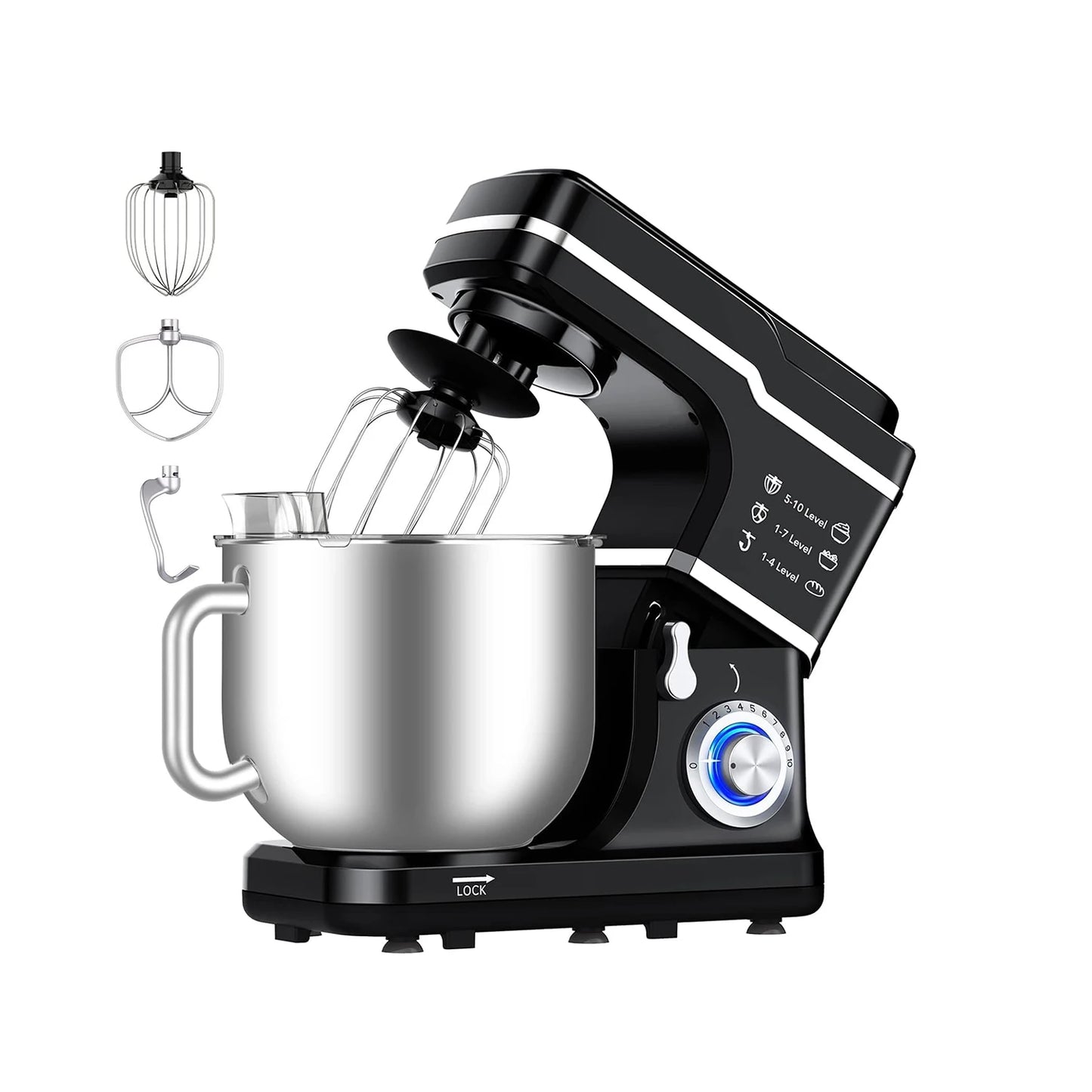 Electric Food Mixer 7.5QT 600W 10 Speed Tilt Head Stand Mixer with Stainless Steel Bowl 3 in 1 Kitchen Countertop Mixer